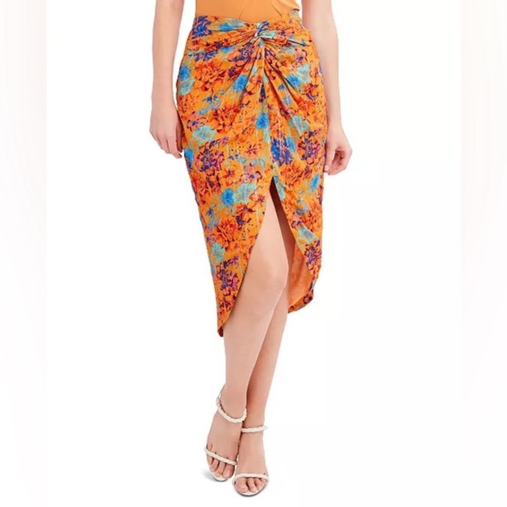 BCBGMAXAZRIA Floral Golden Oak Metallic Striped High Low Tropical Skirt Size XS